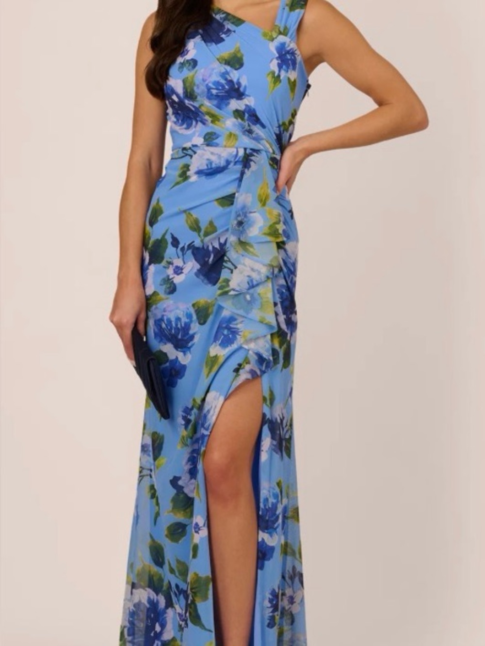 Adrianna Papell Blue Floral One-Shoulder Evening Gown